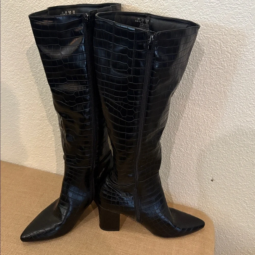 Black Croc-Embossed Knee-High Boots - Picture 2 of 4